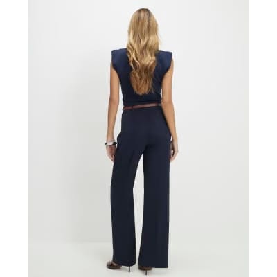 Navy Belted Straight Leg Trousers