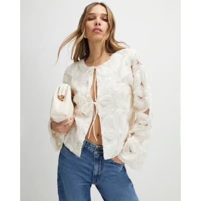 Cream Long Sleeve 3D Floral Jacket
