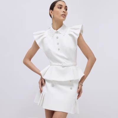 White Diamante Pleated Mini Skirt