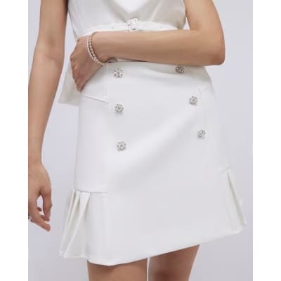 White Diamante Pleated Mini Skirt