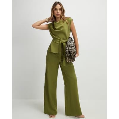 Khaki Tailored Wide Leg Trousers