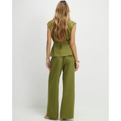 Khaki Tailored Wide Leg Trousers