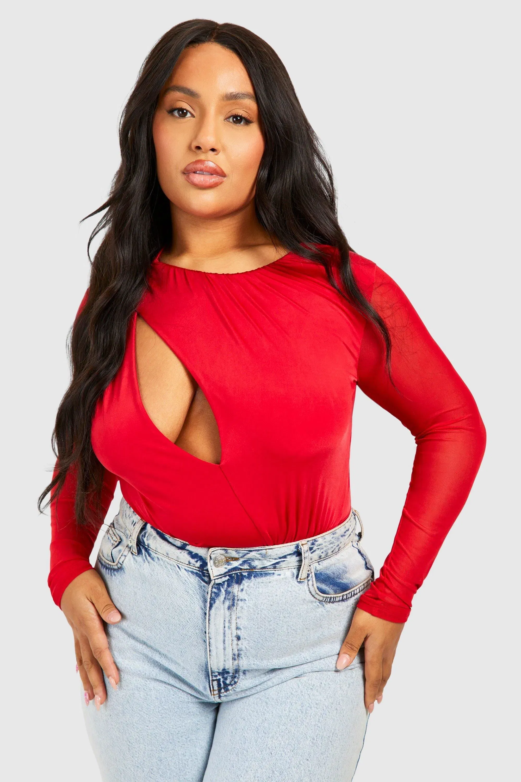 Plus Keyhole Mesh Sleeve Bodysuit