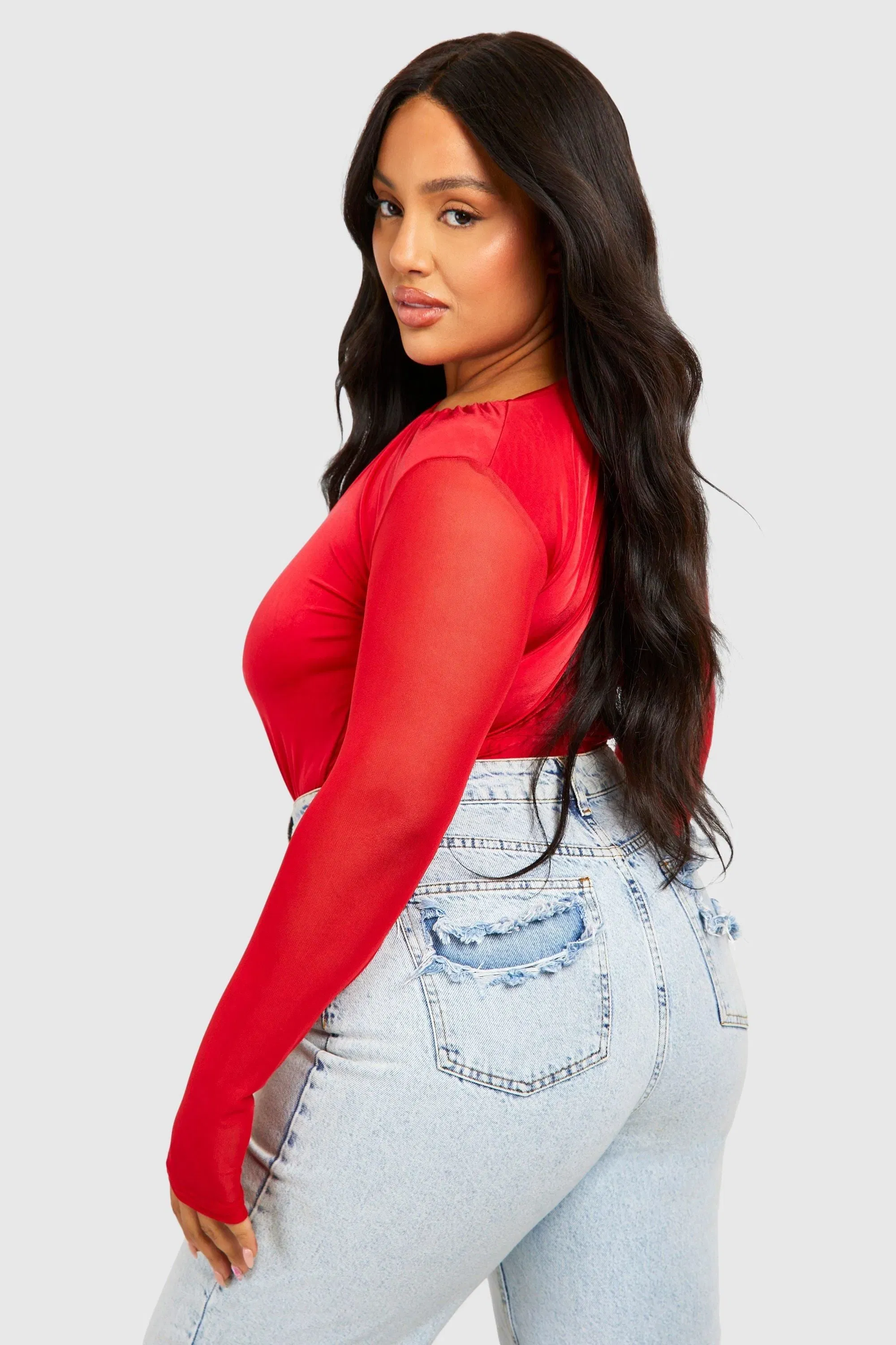 Plus Keyhole Mesh Sleeve Bodysuit