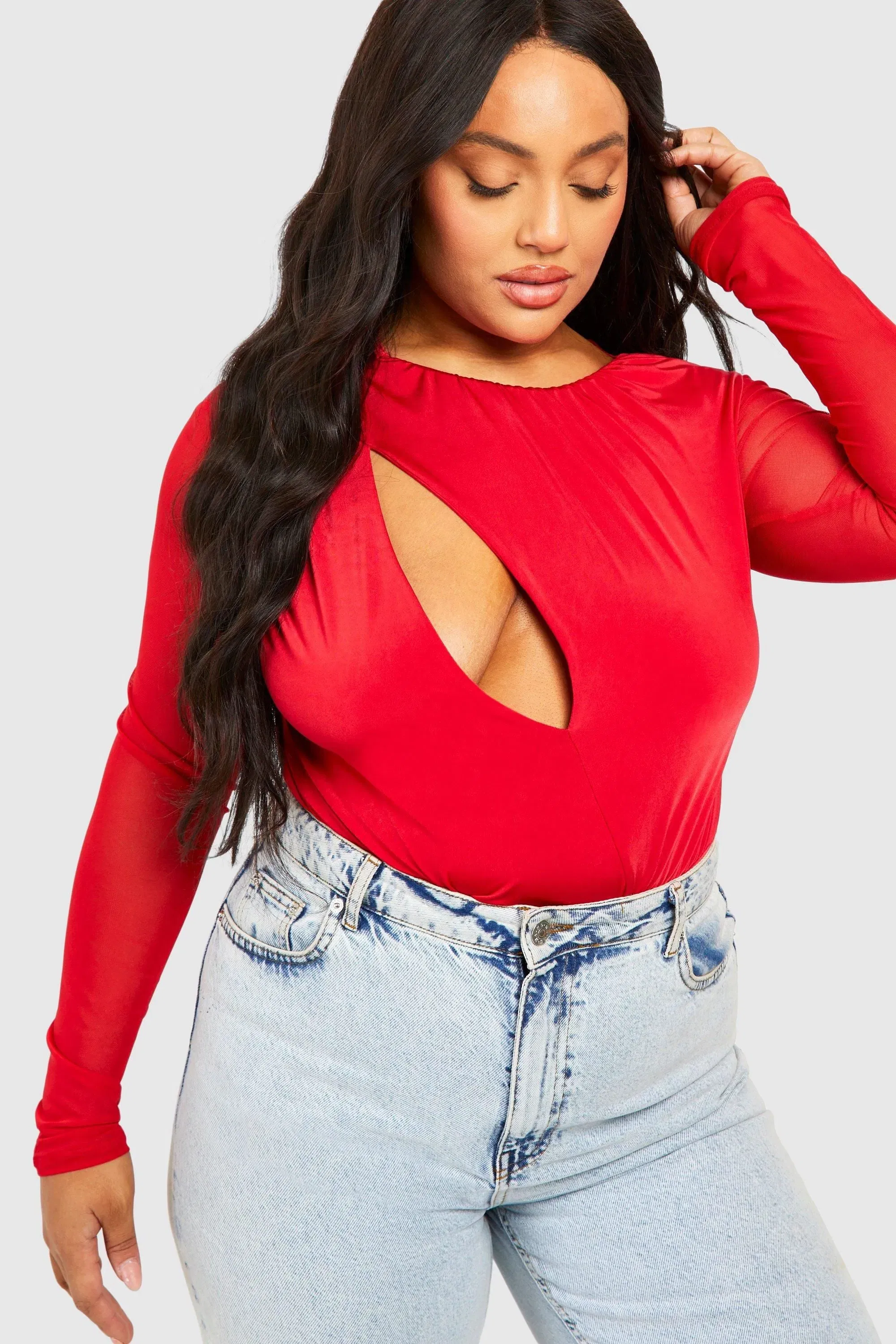 Plus Keyhole Mesh Sleeve Bodysuit