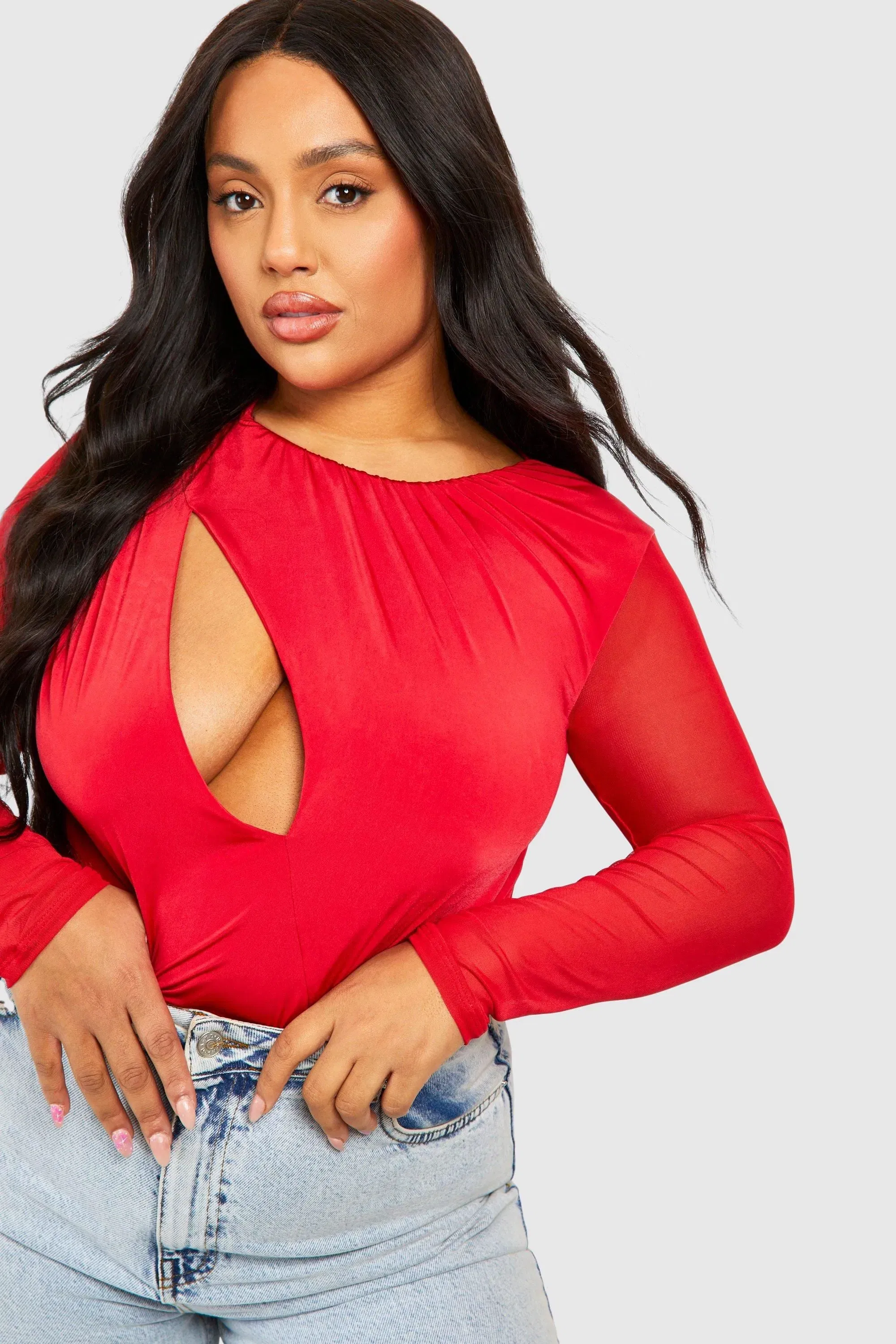 Plus Keyhole Mesh Sleeve Bodysuit