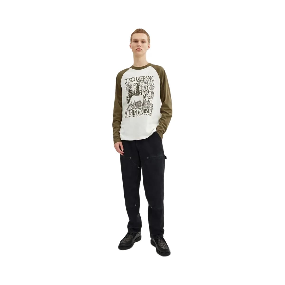 Coach Wild Raglan Crewneck Long Sleeve T-Shirt In Organic Cotton Cream Multicolor