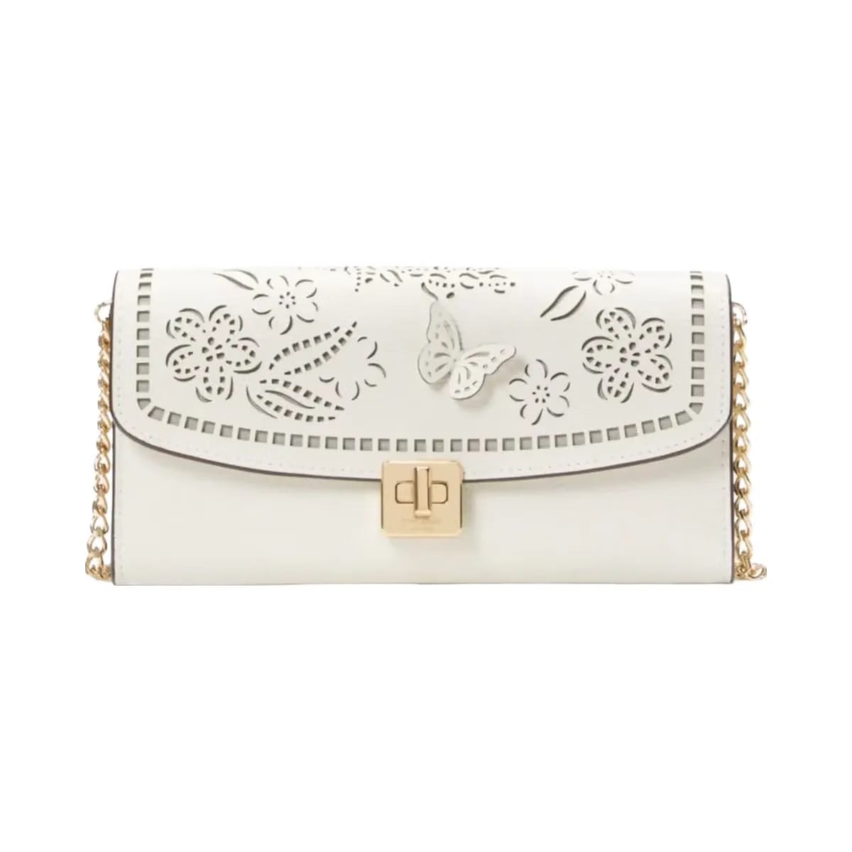 Kate Spade Phoebe Perforated Turnlock Wallet on chain Meringue