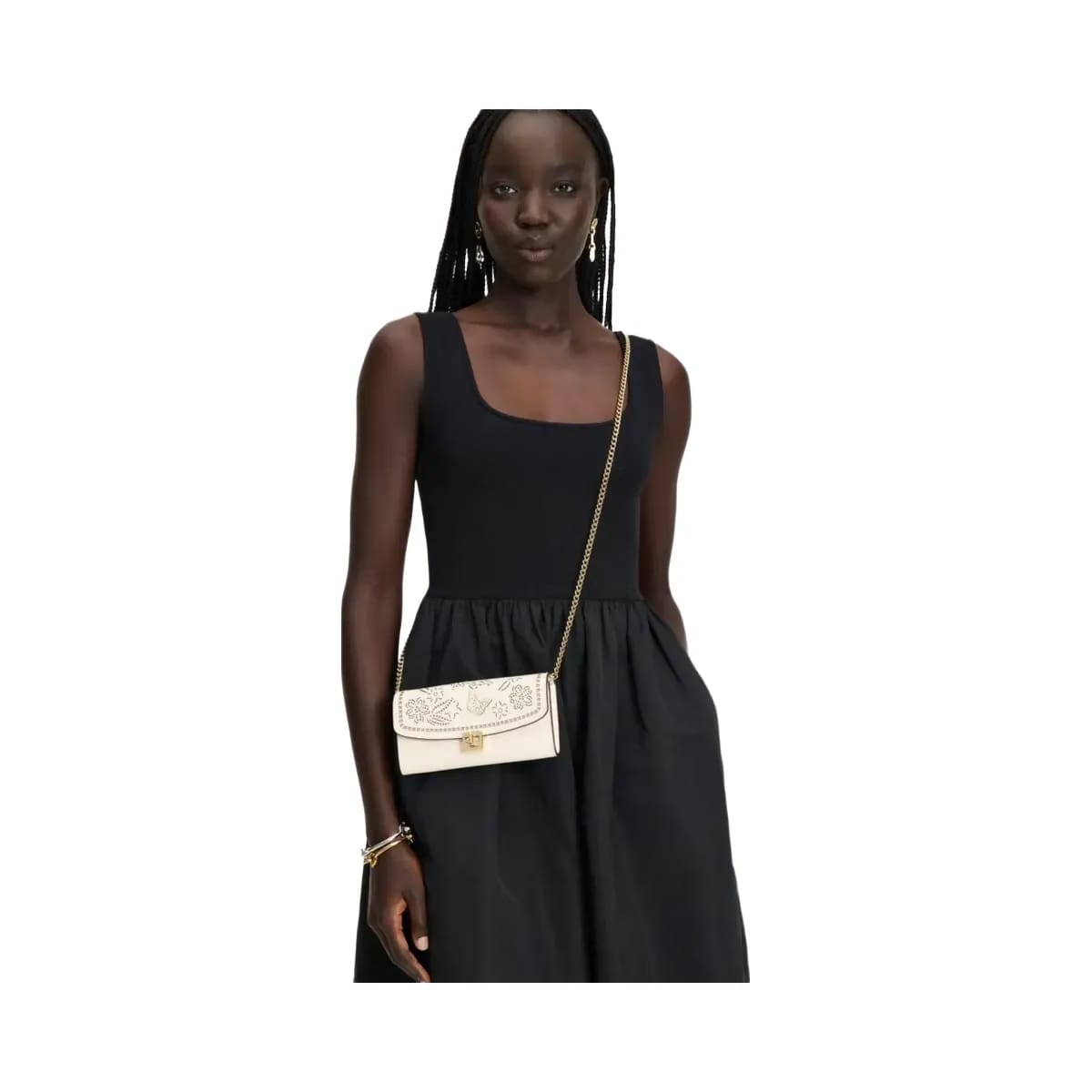 Kate Spade Phoebe Perforated Turnlock Wallet on chain Meringue