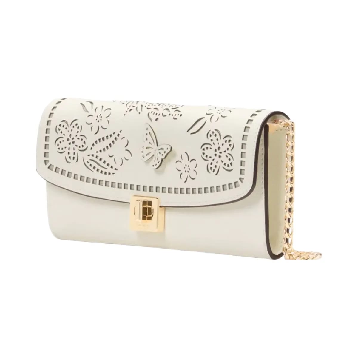 Kate Spade Phoebe Perforated Turnlock Wallet on chain Meringue