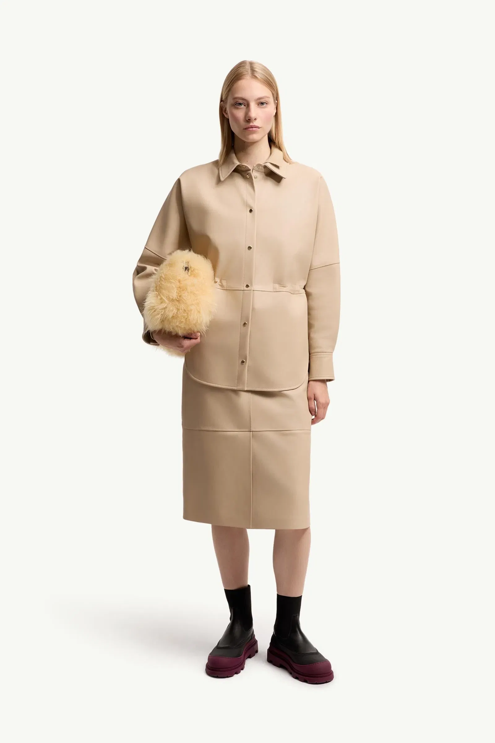 Moncler Leather Long Sleeve Shirt Light Beige Light Beige