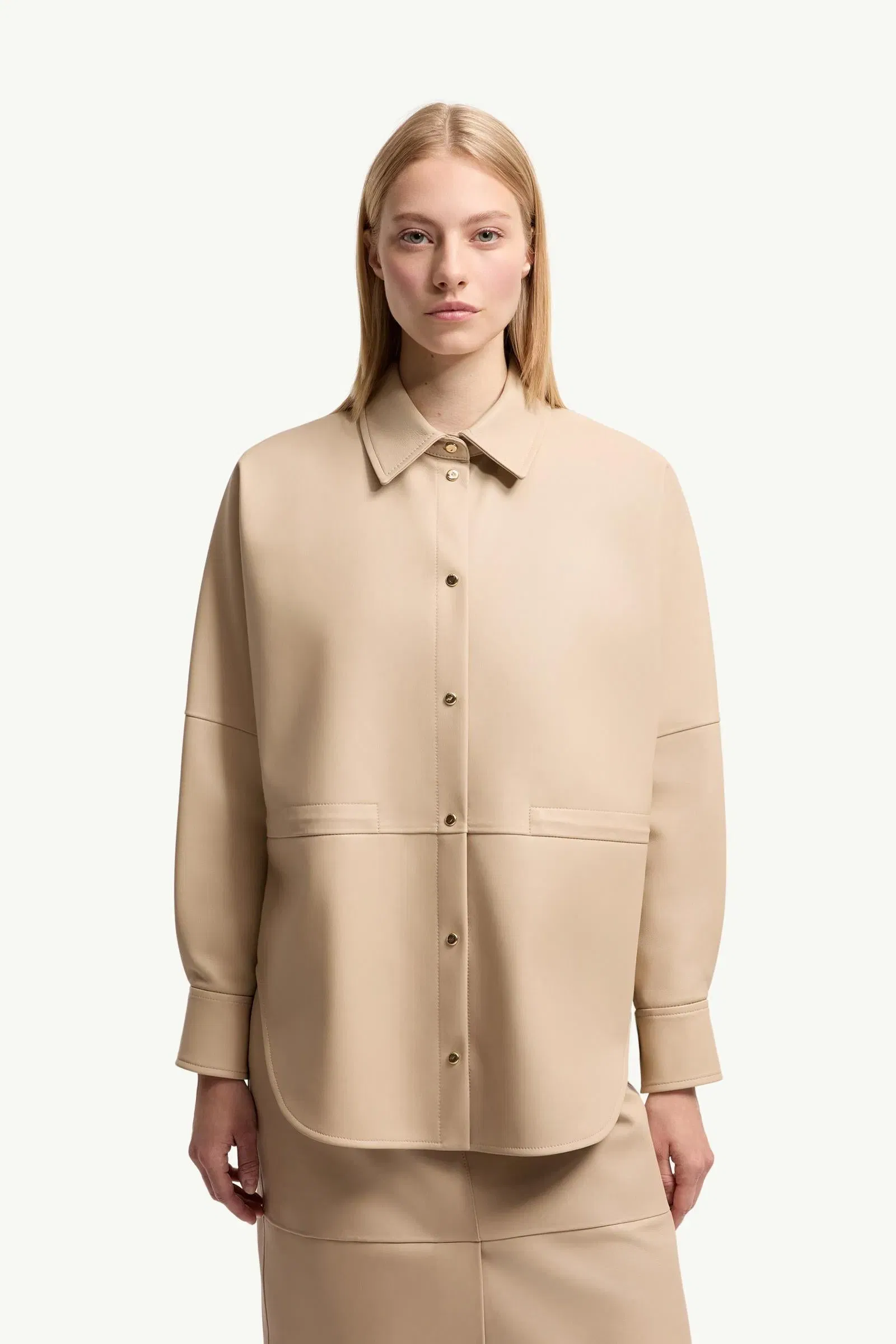 Moncler Leather Long Sleeve Shirt Light Beige Light Beige