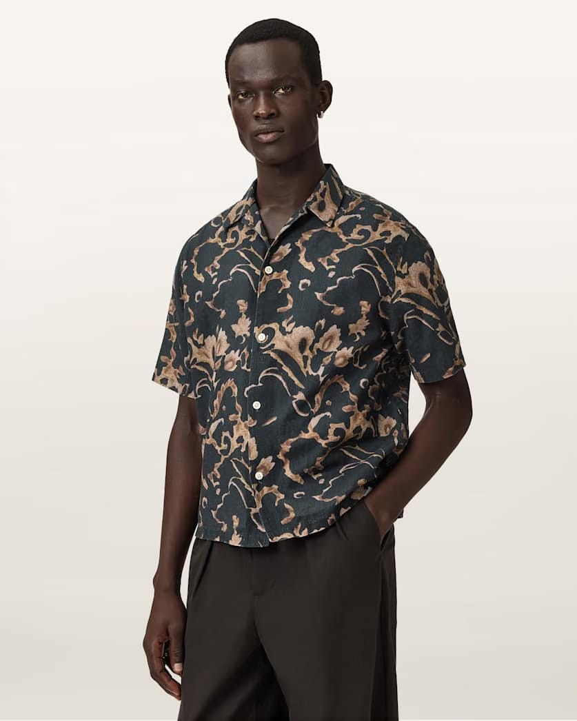 AllSaints Fortune Short Sleeve Linen Blend Boxy Shirt Bank Brown