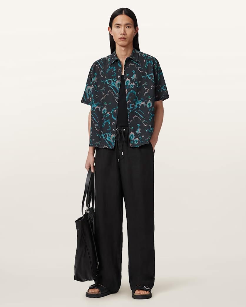 AllSaints Fortune Short Sleeve Linen Blend Boxy Shirt Bank Brown
