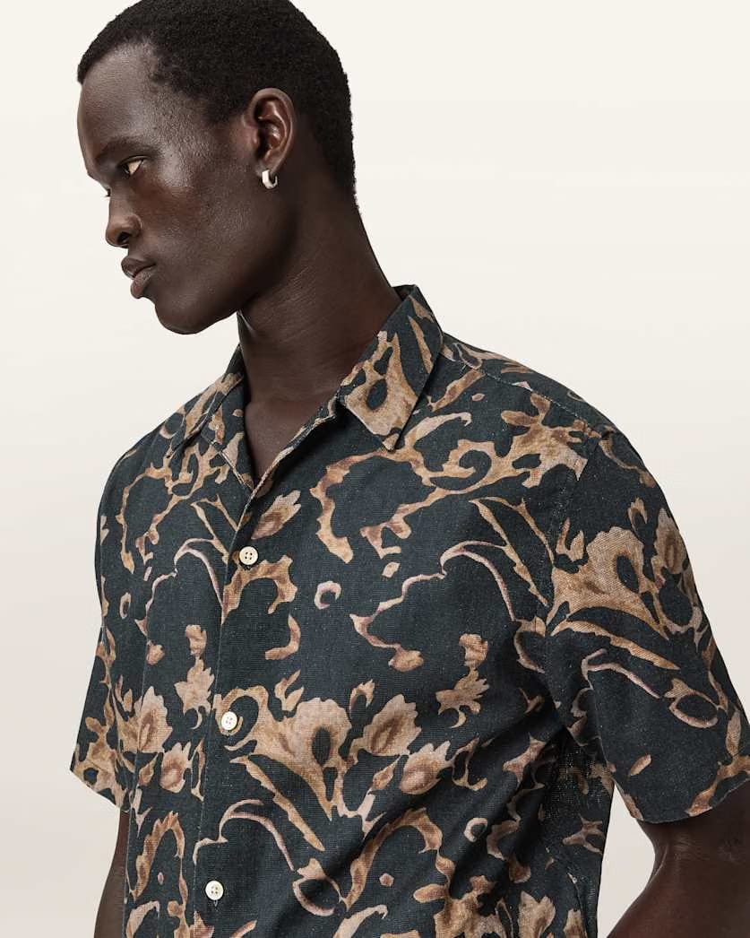 AllSaints Fortune Short Sleeve Linen Blend Boxy Shirt Bank Brown