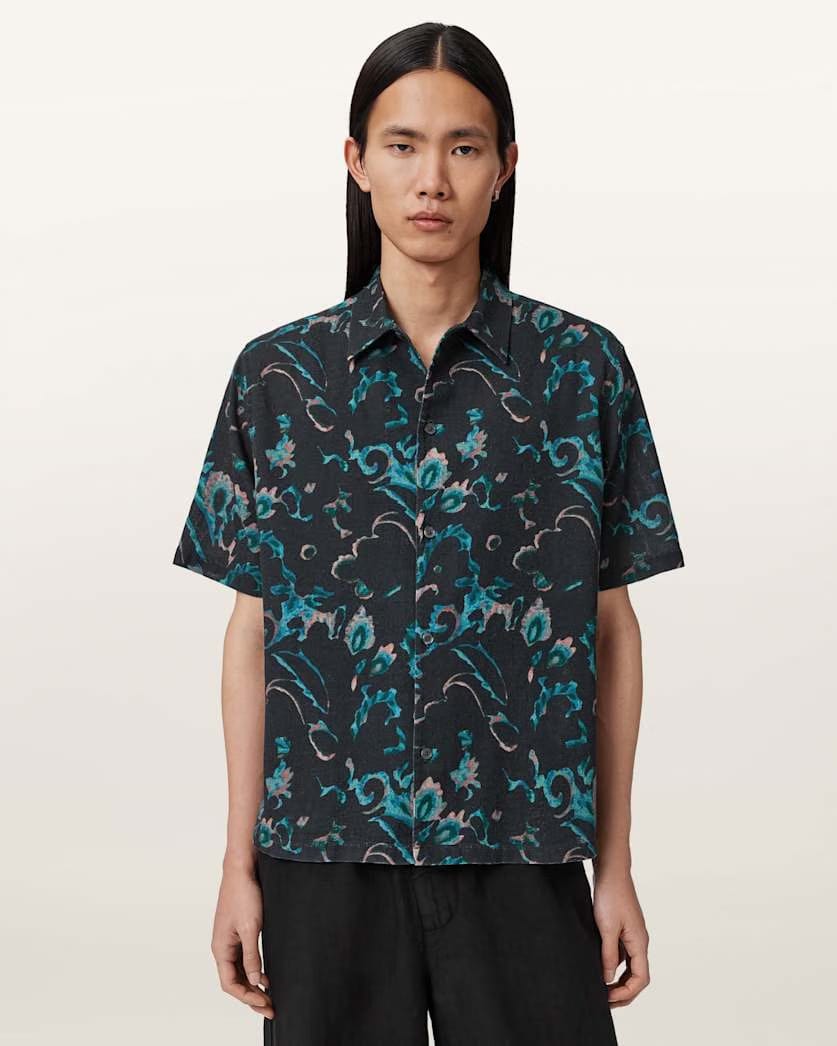 AllSaints Fortune Short Sleeve Linen Blend Boxy Shirt Bank Brown