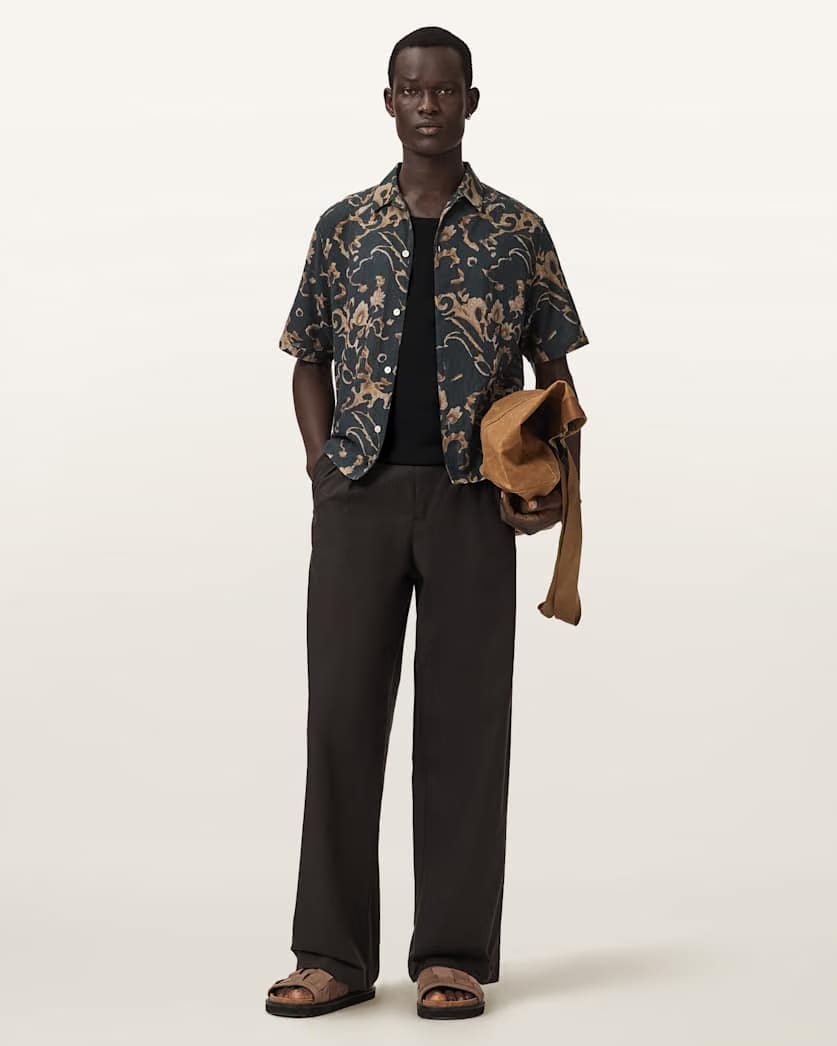 AllSaints Fortune Short Sleeve Linen Blend Boxy Shirt Bank Brown