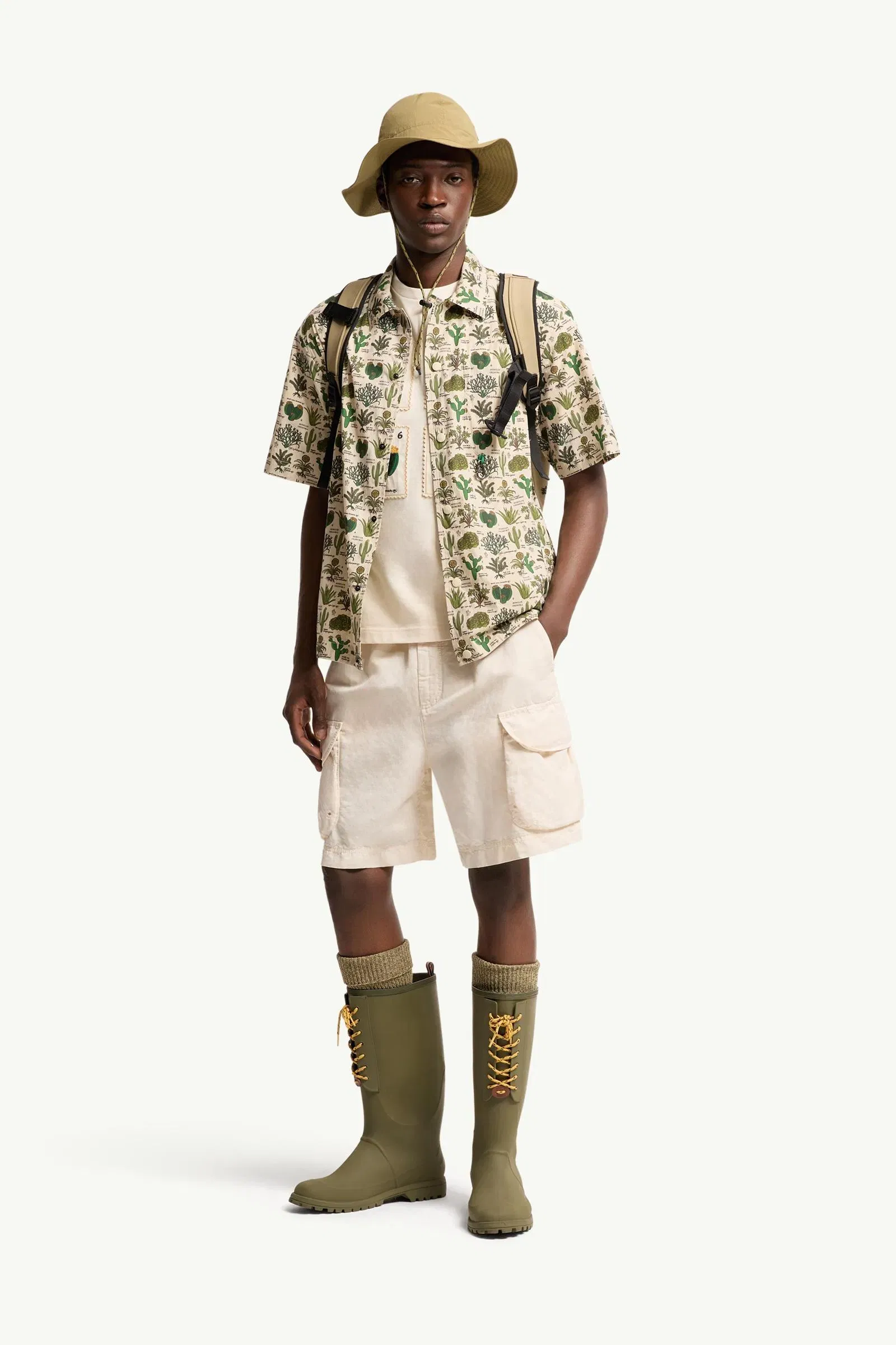 Moncler Botanical Print Cotton Blend Short Sleeve Shirt Brown & Green Brown & Green