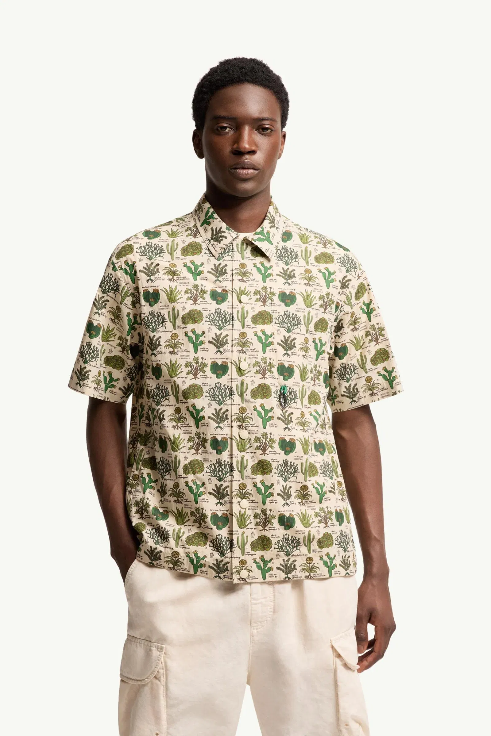 Moncler Botanical Print Cotton Blend Short Sleeve Shirt Brown & Green Brown & Green