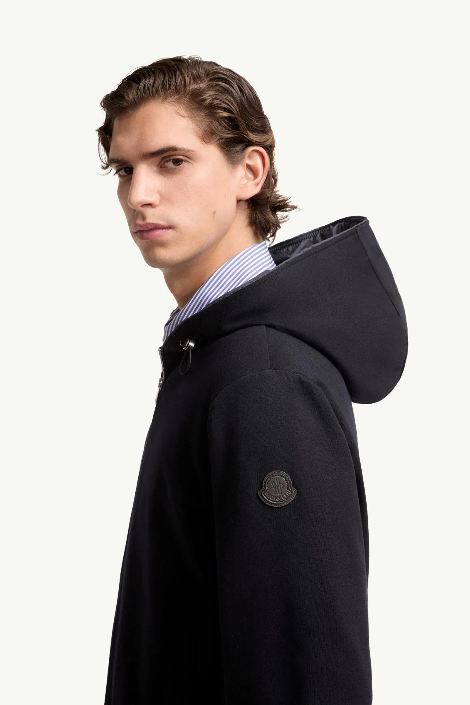 Moncler Leather Logo Cotton Blend Zip-Up Hoodie Dark Blue Dark Blue