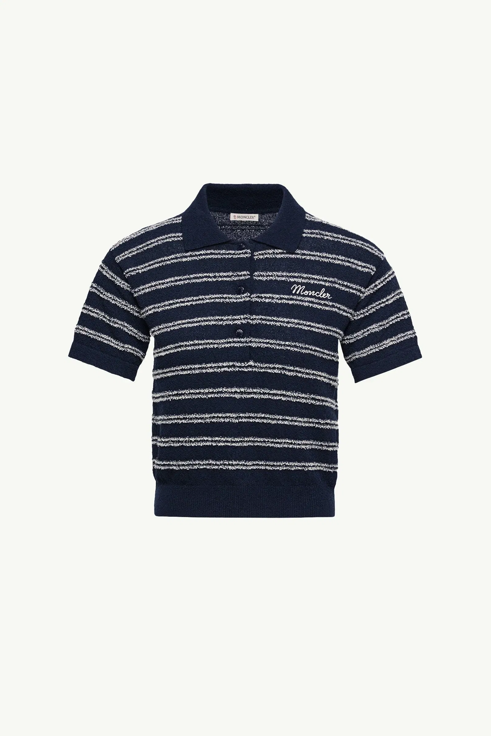 Moncler Cotton Blend Bouclé Crêpe Polo Shirt Navy Blue Navy Blue