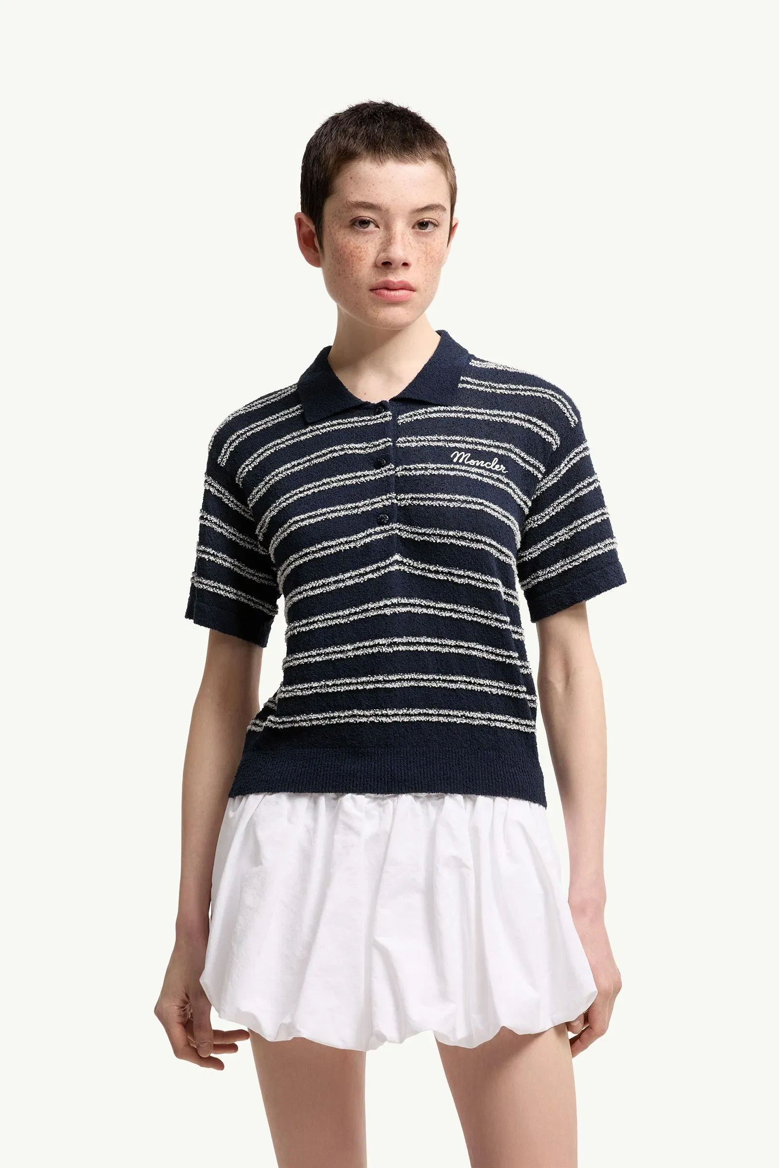 Moncler Cotton Blend Bouclé Crêpe Polo Shirt Navy Blue Navy Blue