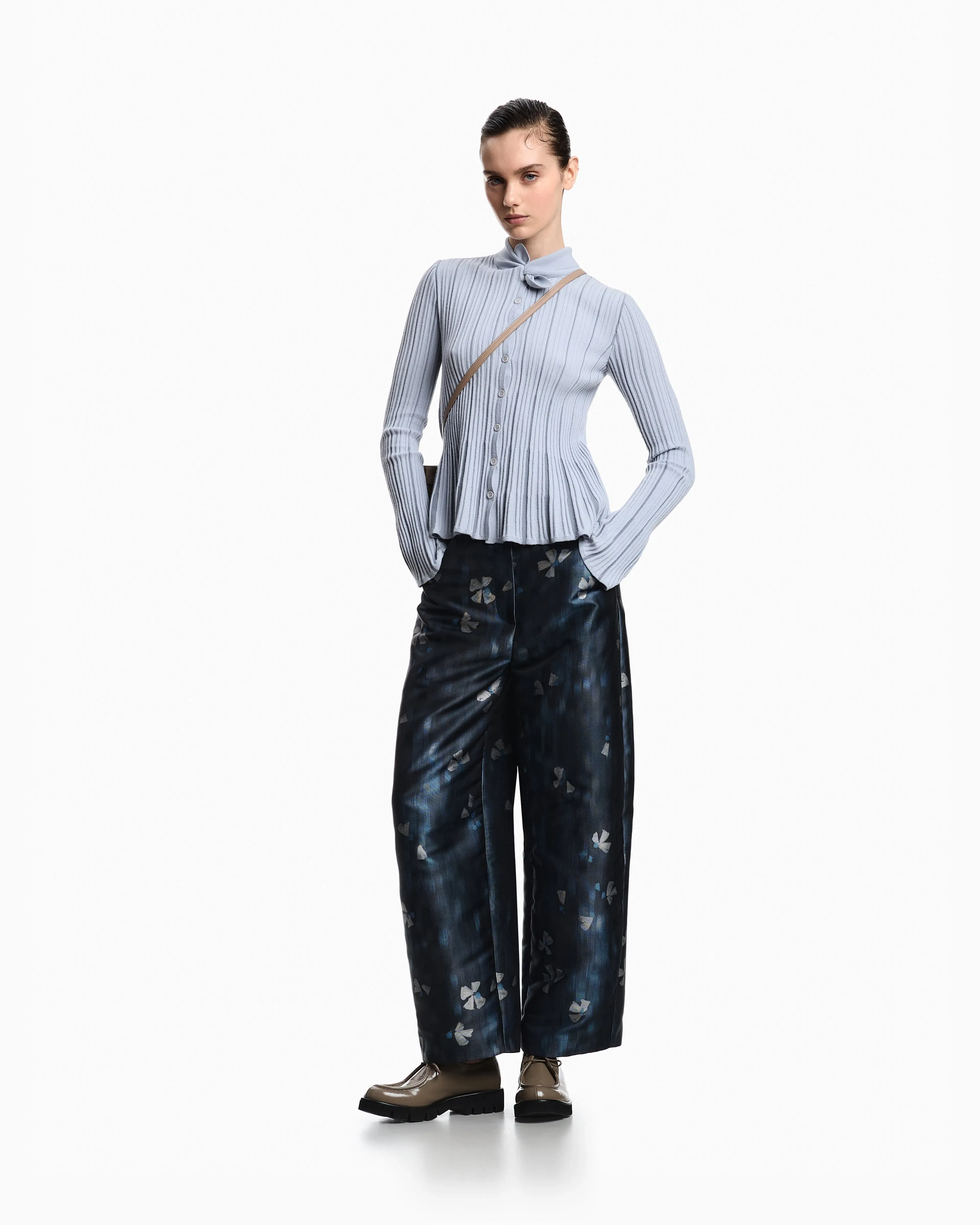 Emporio Armani Classic-collar cardigan in plated rib knit