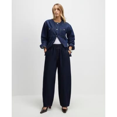 Blue Pull On Barrel Leg Jeans