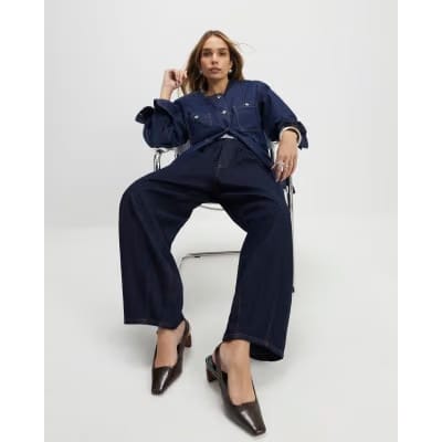 Blue Pull On Barrel Leg Jeans