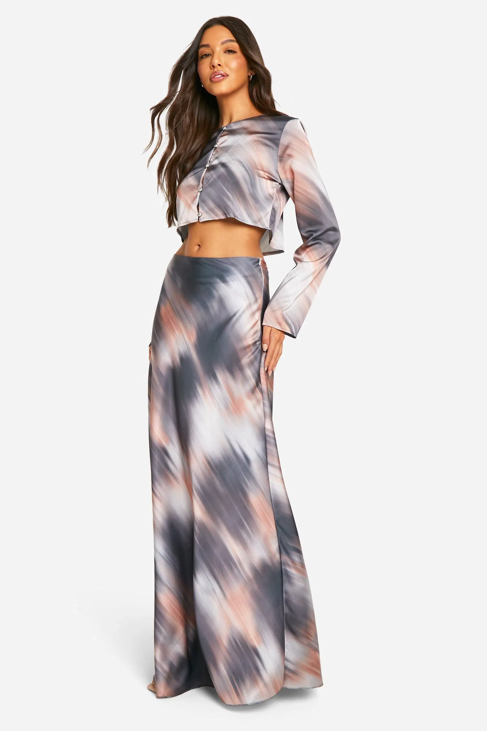 Blurred Tie Dye Satin Bias Maxi Skirt