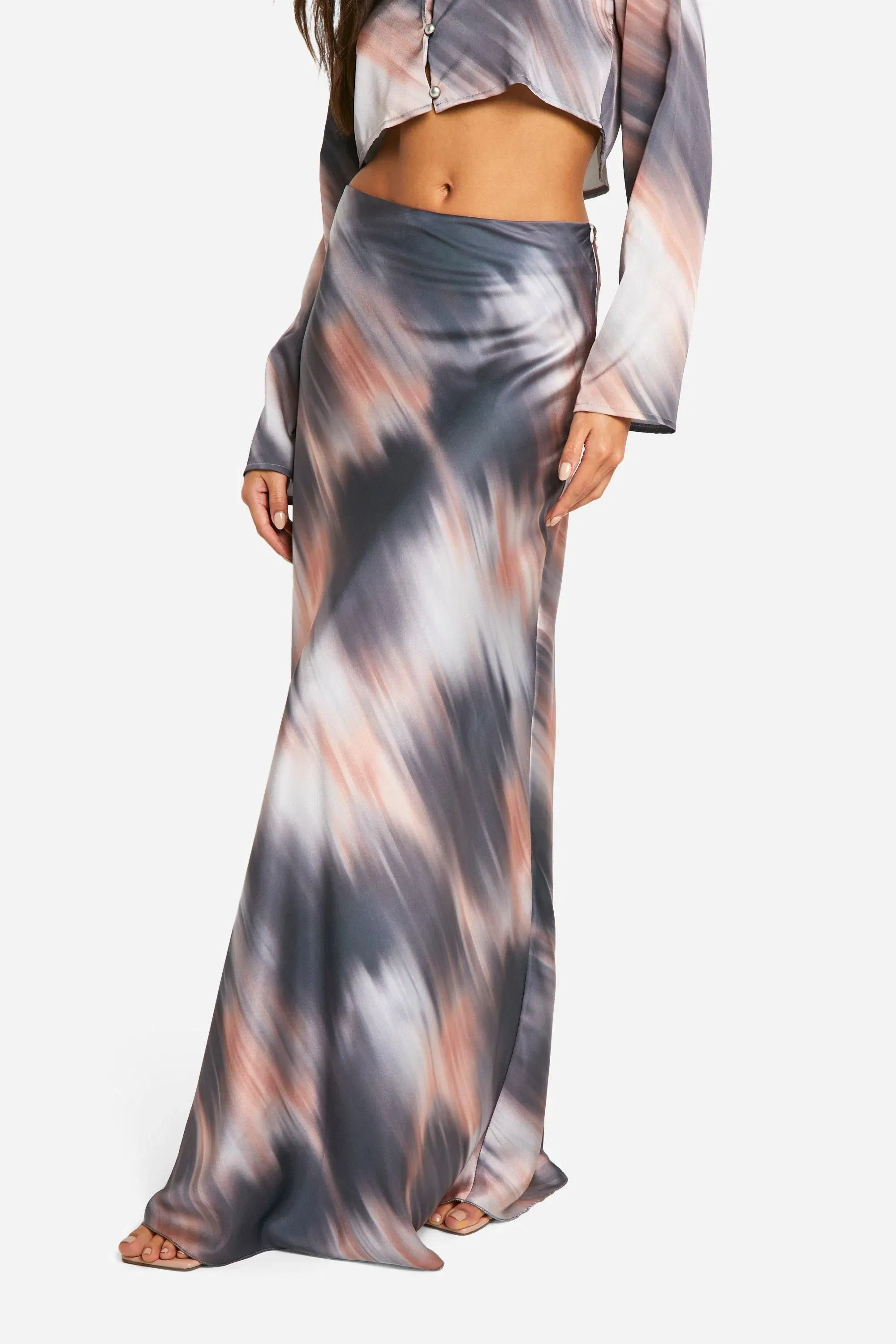 Blurred Tie Dye Satin Bias Maxi Skirt
