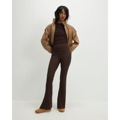 Brown High Waisted Ribbed Flare Leggings