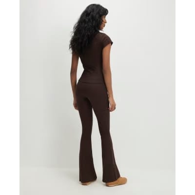 Brown High Waisted Ribbed Flare Leggings