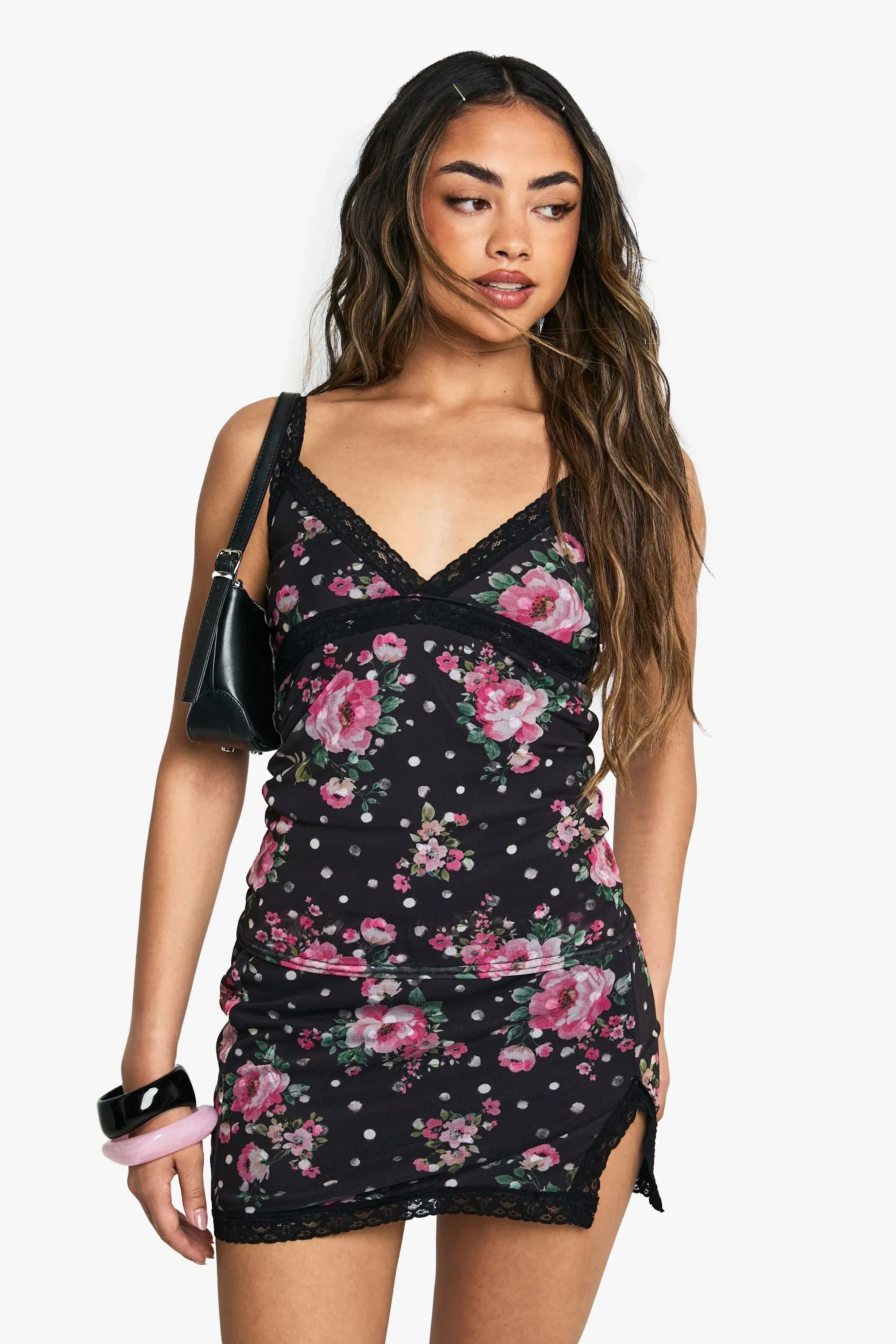 Floral Printed Mesh Lace Trim Split Mini Skirt