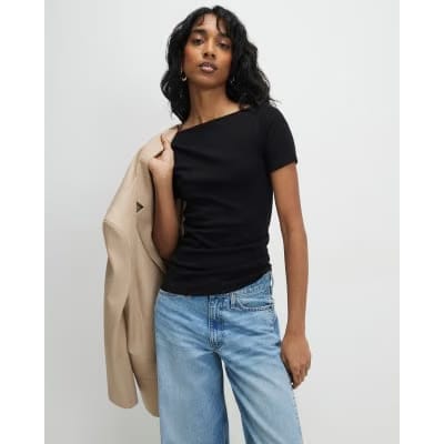 Black Short Sleeve Cotton Boat Neck Top