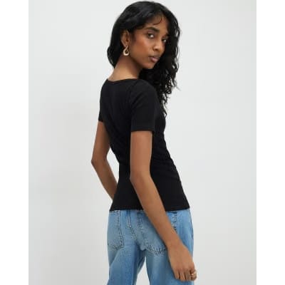 Black Short Sleeve Cotton Boat Neck Top