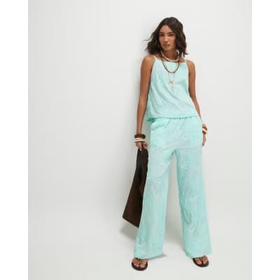Blue Floral Textured Trousers