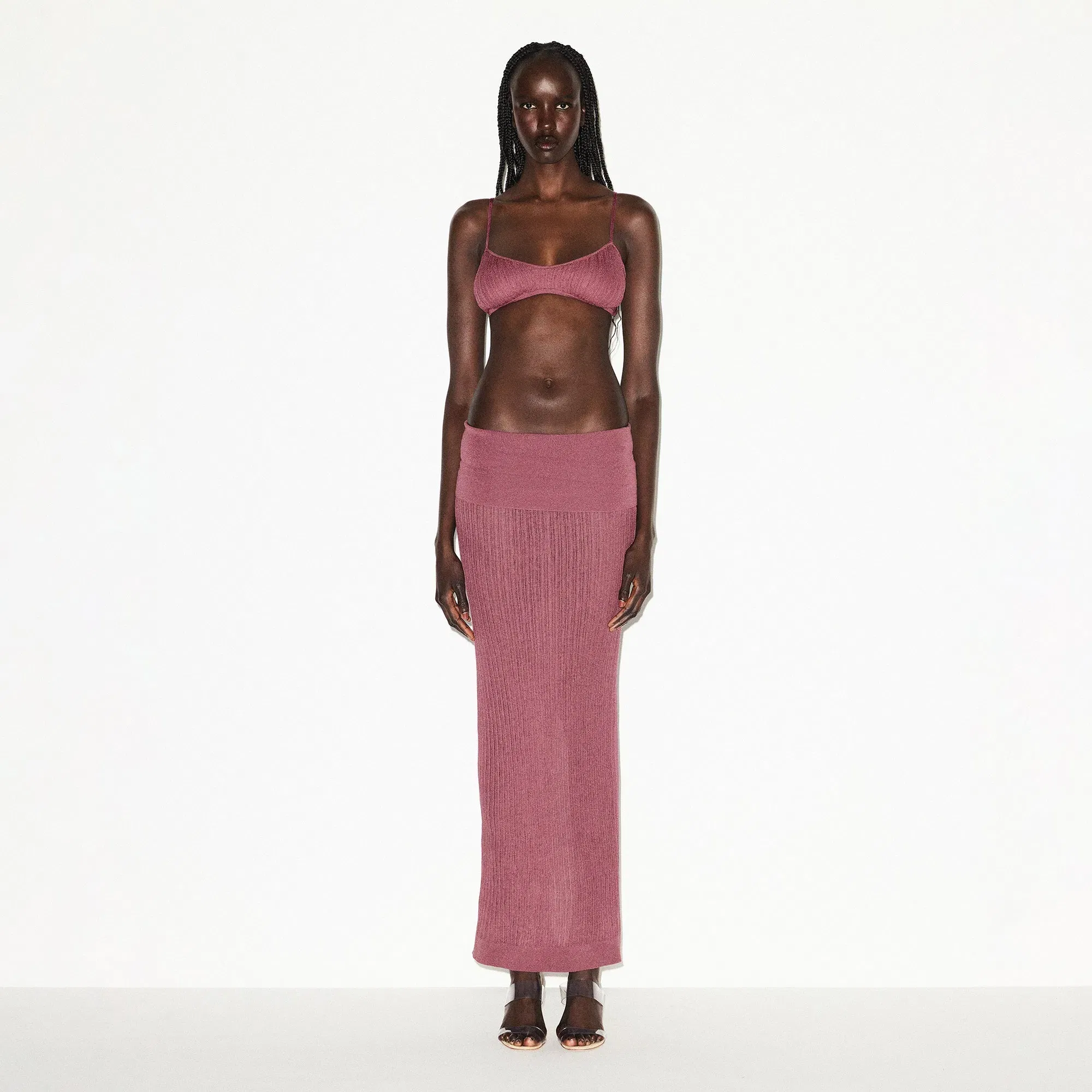 SHEER KNIT FOLDOVER LONG SKIRT | BEET