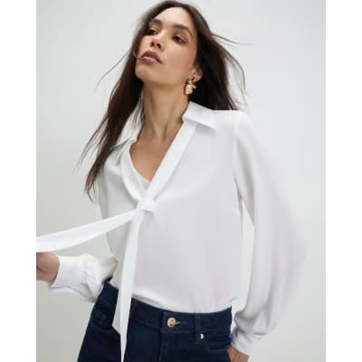 White Tie Detail Long Sleeve Blouse