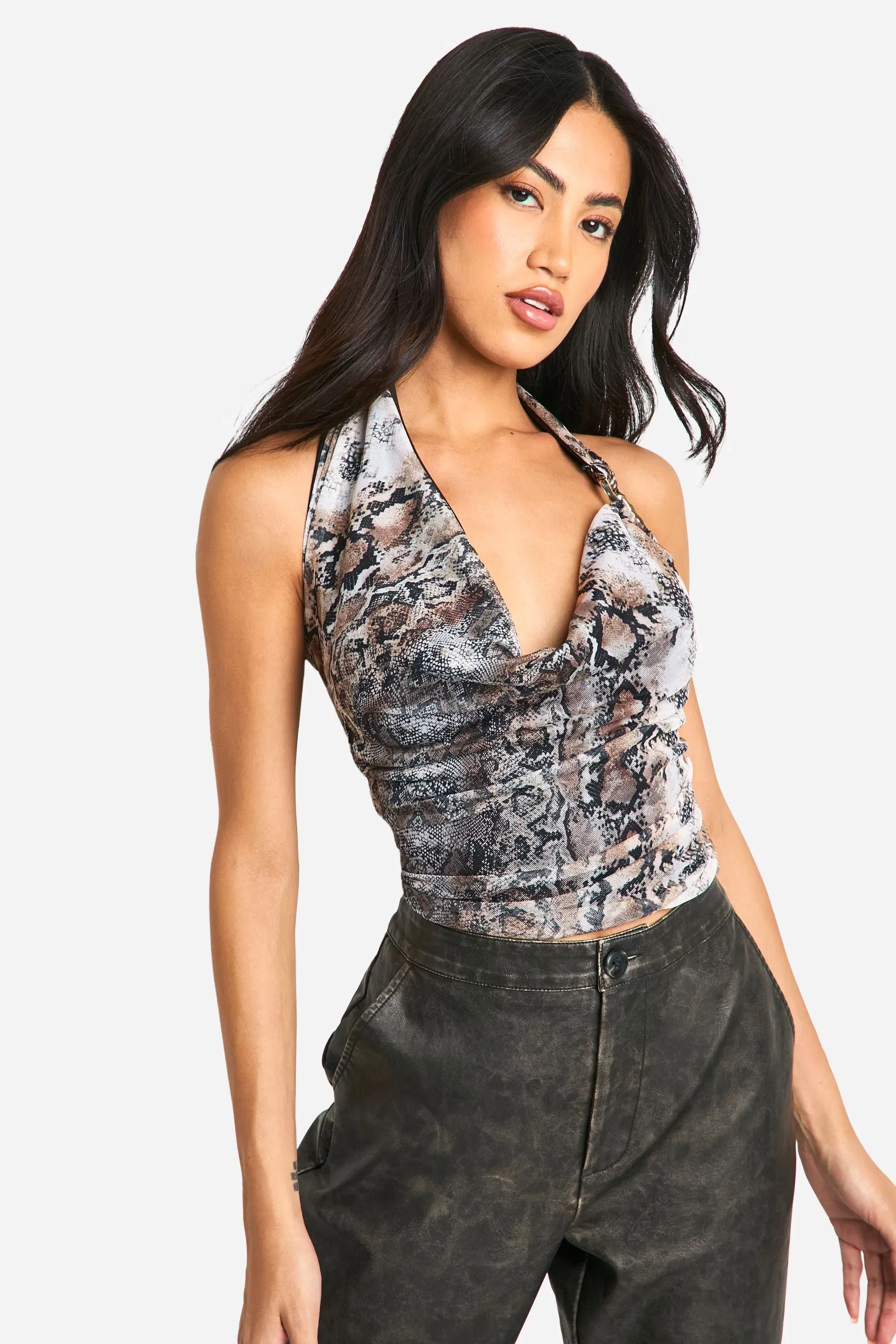 Snake Print Mesh Trim Detail Cowl Neck Top