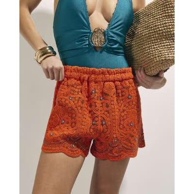 Orange Crochet Embellished Beach Shorts