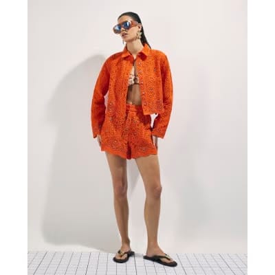 Orange Crochet Embellished Beach Shorts
