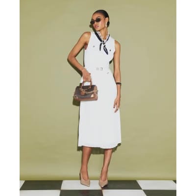 Cream Knitted Belted Pleat Hem Midi Dress