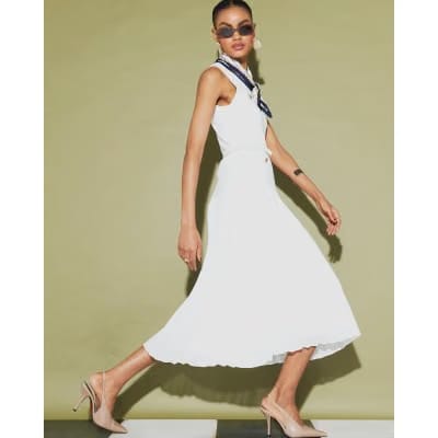 Cream Knitted Belted Pleat Hem Midi Dress