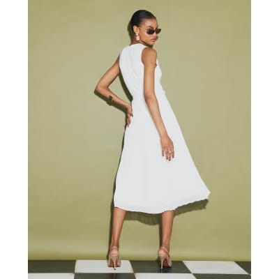 Cream Knitted Belted Pleat Hem Midi Dress