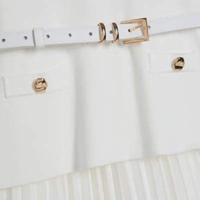 Cream Knitted Belted Pleat Hem Midi Dress