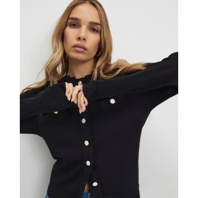 Black Knit Fitted Scallop Trim Cardigan