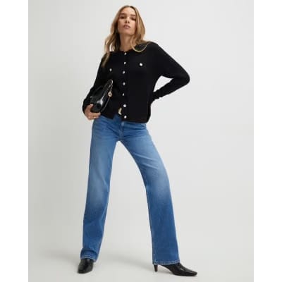 Black Knit Fitted Scallop Trim Cardigan