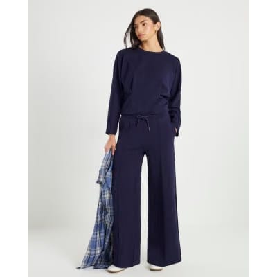 Navy Premium Wide Leg Pintuck Joggers