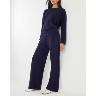 Navy Premium Wide Leg Pintuck Joggers